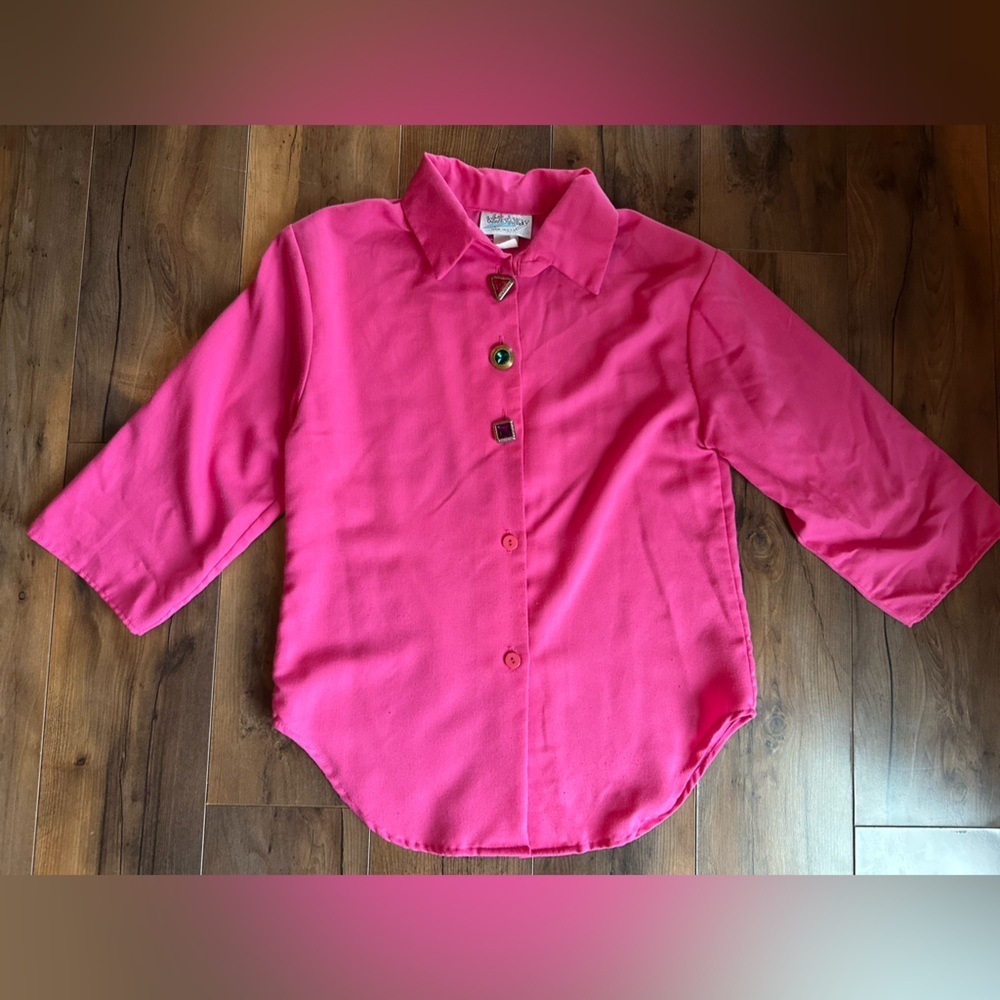 Vintage Hot Pink Blouse Gemstone Buttons Barbiecore 80s Statement Top